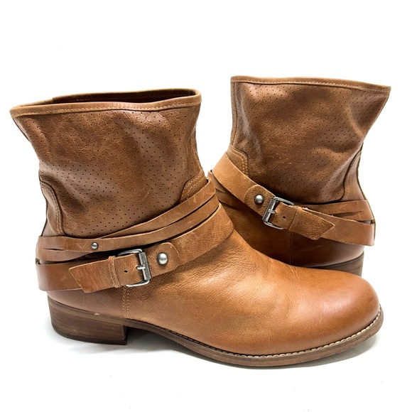 Marc Fisher Rosan Perforated Buckled Ankle Leather Boots Pull On Natural Tan 9.5 - Picture 16 of 17
